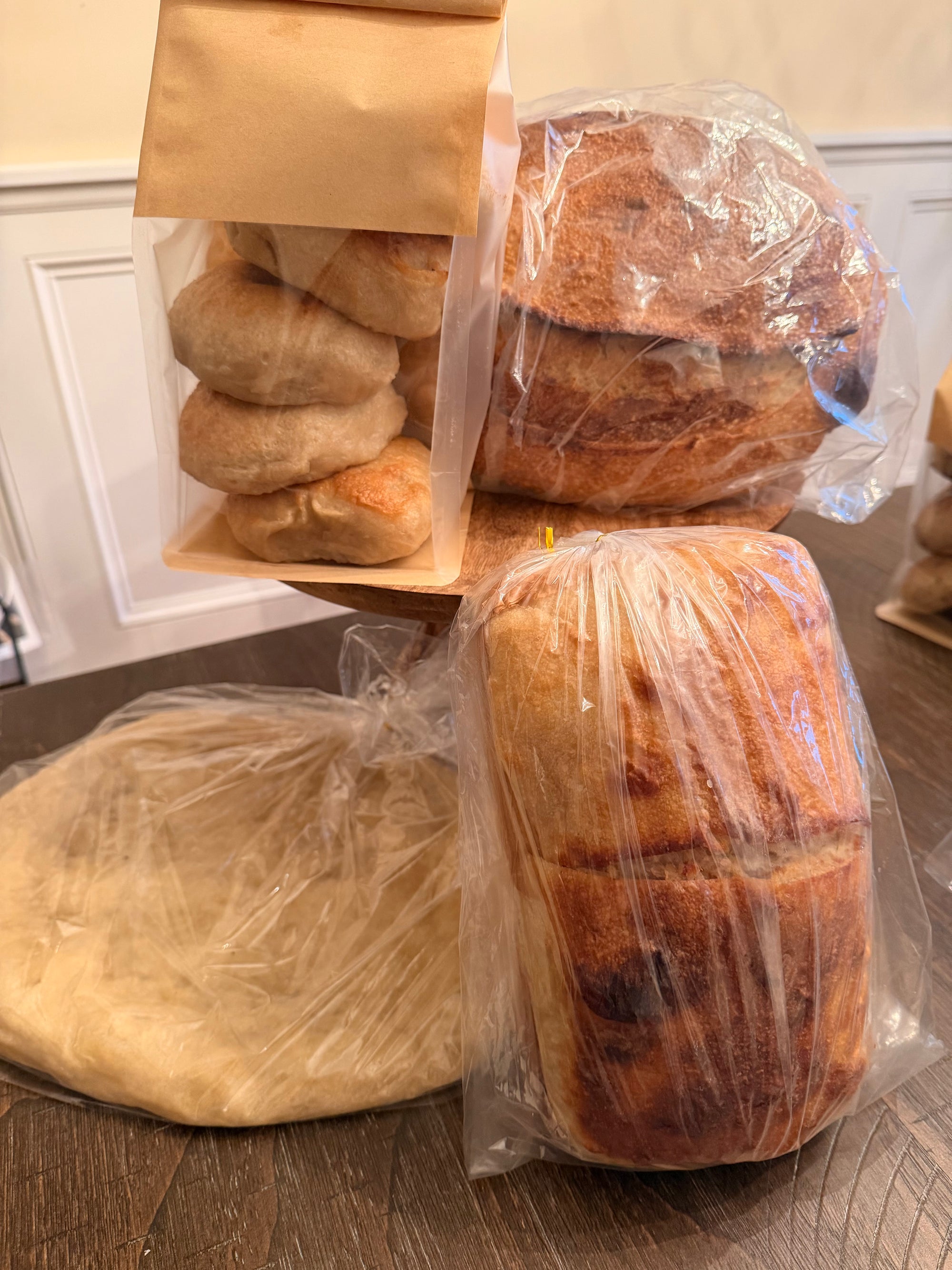 Family sourdough bundle : bagels, pizza crust , sandwich loaf, boule